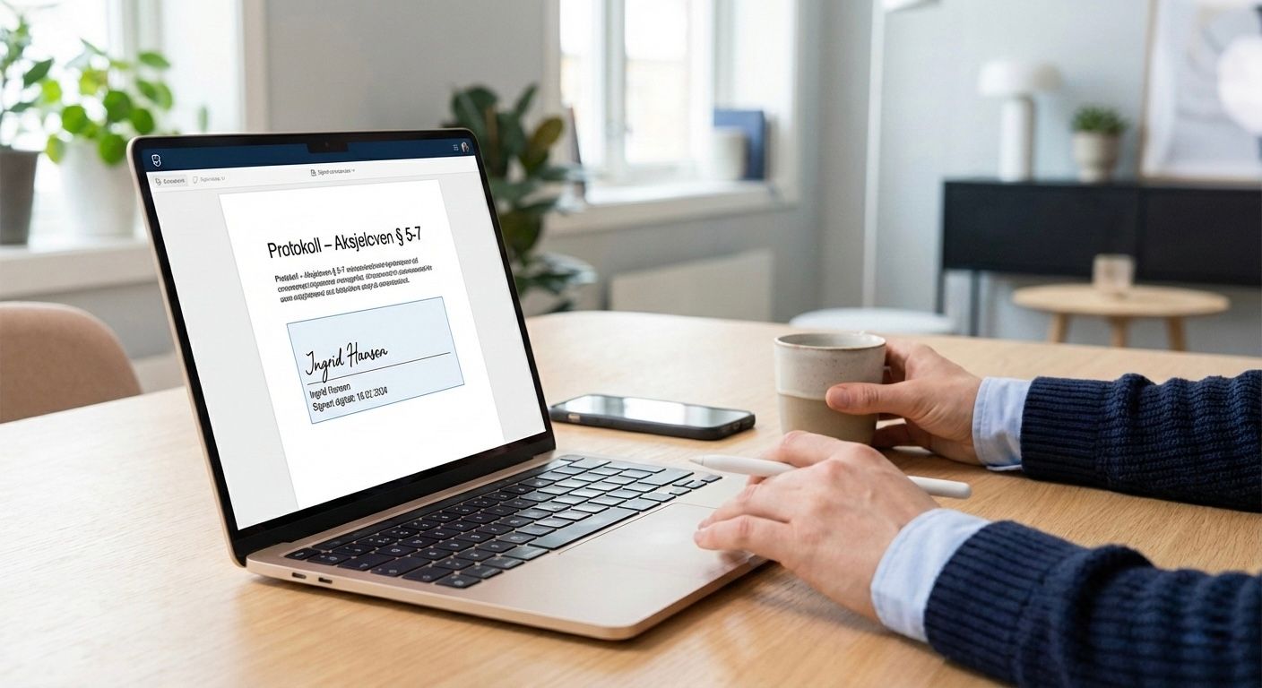 En digital generalforsamlingsbehandling etter aksjeloven § 5-7 med en protokoll på en PC-skjerm i et moderne kontormiljø